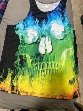 Flaming Skull Graphic Tank Top - Blue Green Yellow